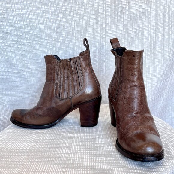 Vero Cuoio Leather Brown Chunky Heel Booties Distressed Make in Italy - Picture 4 of 14